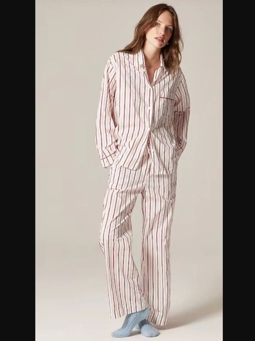 J.Crew - Cotton Poplin Long-sleeve Pajama Pant Set (Ivory Red), Size M (NWT) - Picture 2 of 5